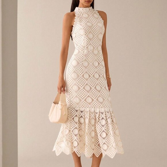 Apricot Elegant Women's Sleeveless Crochet Lace Midi Dress - Picture 4 of 8